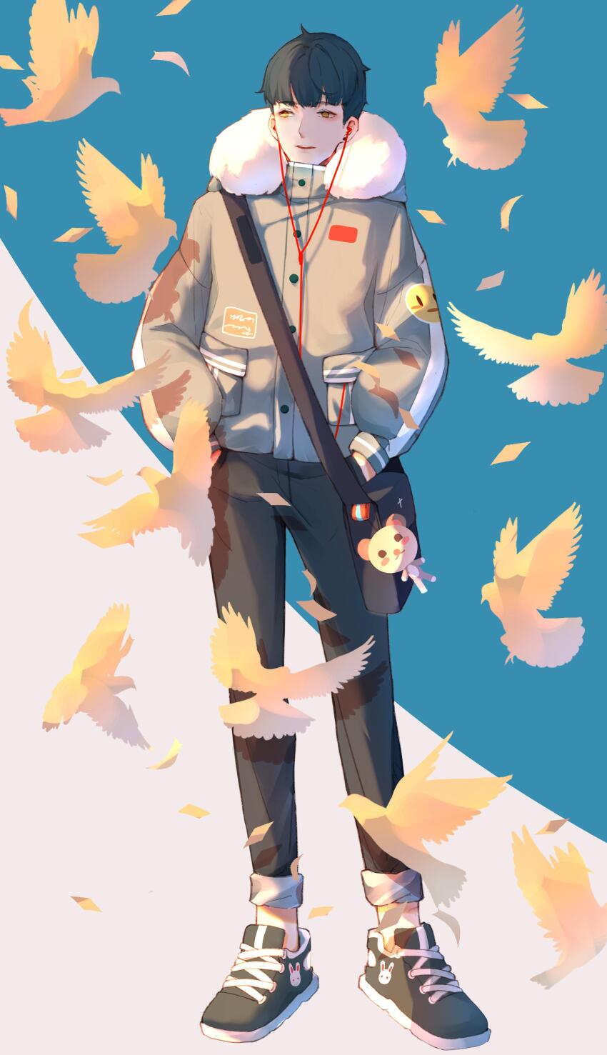 1boy absurdres bag bag_charm bear_charm bird black_bag black_hair black_pants black_shoes blue_background cable charm_(object) earphones full_body fur-trimmed_jacket fur_trim grey_jacket hands_in_pockets highres jacket legs_apart looking_to_the_side original pants parted_lips shoes short_hair shoulder_bag sneakers solo standing two-tone_background white_background yellow_eyes yi_er_san