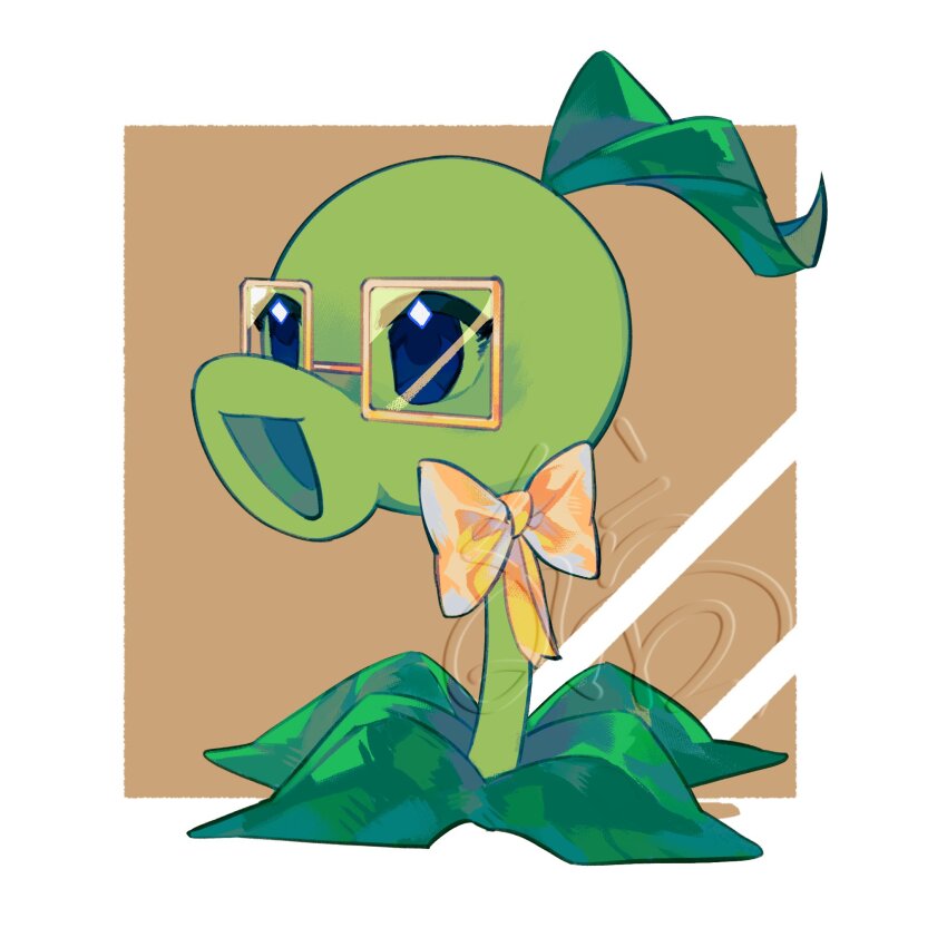 :d blue_eyes border bow bowtie brown_background commentary commission diamond_(shape) diamond_in_eye english_commentary glasses highres leaf looking_ahead no_humans no_sclera open_mouth outside_border peashooter_(plants_vs._zombies) plant plant_focus plants_vs._zombies rectangular_eyewear reoghostreo simple_background smile solo watermark white_border yellow-framed_eyewear yellow_bow yellow_bowtie