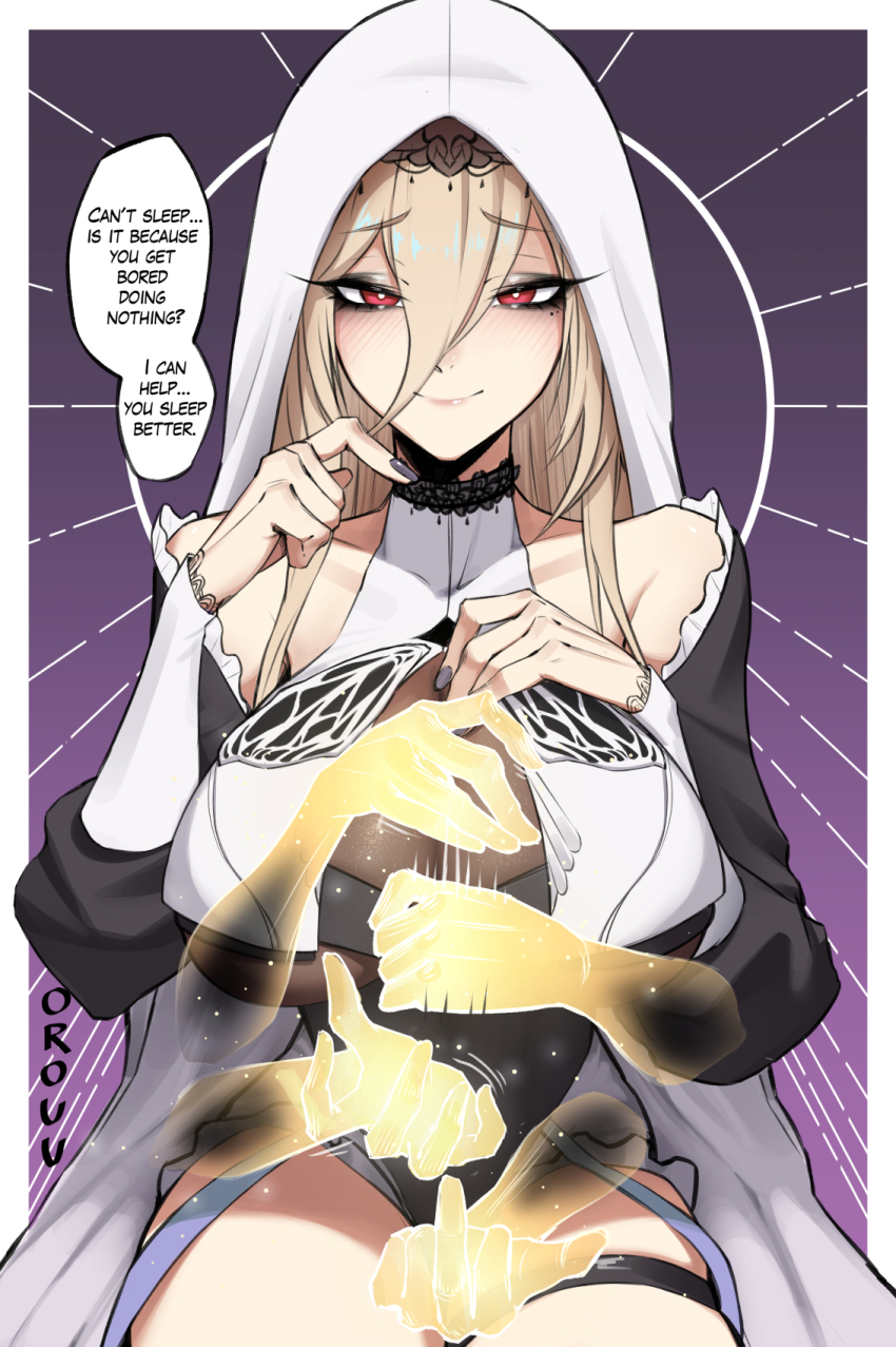 1girl aponia bare_shoulders black_nails blush breast_curtains breasts brown_hair dress english_text extra_arms extra_hands eyeshadow fingering_gesture hair_between_eyes hand_on_own_chest handjob_gesture highres honkai_(series) honkai_impact_3rd hood hood_up huge_breasts light_brown_hair looking_at_viewer magic makeup mascara middle_finger mole mole_under_eye motion_lines nail_polish off-shoulder_dress off_shoulder orouu red_eyes sitting skindentation smile solo speech_bubble thigh_strap thighs