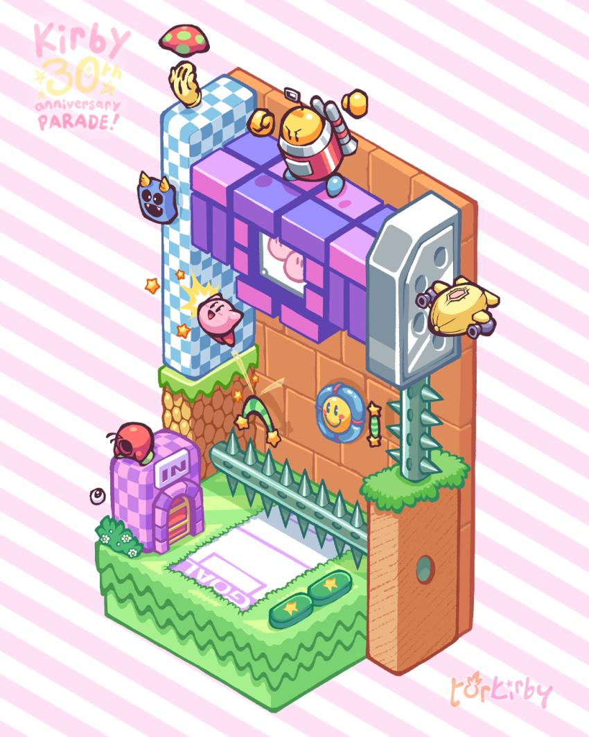 :d :o aircraft anniversary arms_up artist_name blush brobo bush cappy_(kirby) clenched_hand commentary commentary_request copyright_name dirigible english_commentary fangs flower grass highres horns jetpack kabula kirby kirby&#039;s_block_ball kirby_(series) kookler mixed-language_commentary motion_lines mushroom nintendo no_humans one-eyed open_mouth pink_background simple_background smile smiley_face spikes standing star_(symbol) striped_background torkirby v-shaped_eyebrows waddle_doo white_background white_flower
