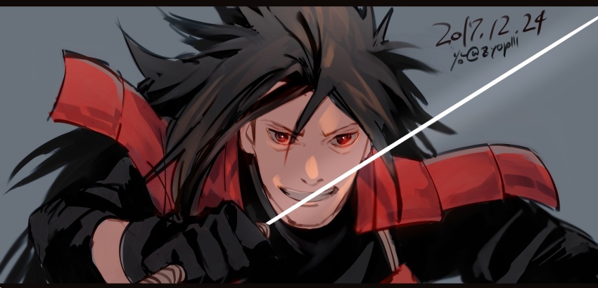 1boy :d armor black_gloves black_hair gloves grey_background highres holding holding_sword holding_weapon japanese_armor katana long_hair looking_at_viewer male_focus naruto_(series) naruto_shippuuden open_mouth red_eyes sharingan simple_background smile solo sword uchiha_madara upper_body weapon zifletts