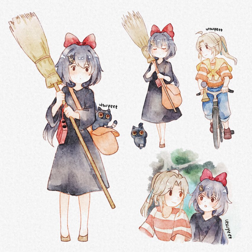 ahoge bag bicycle black_cat black_dress black_hair blade_(honkai:_star_rail) blade_(sesame_cake)_(honkai:_star_rail) blonde_hair broom cat cosplay critter_pick_(honkai:_star_rail) dress high_ponytail highres holding holding_broom honkai:_star_rail honkai_(series) kiki_(majo_no_takkyuubin) kiki_(majo_no_takkyuubin)_(cosplay) long_hair long_sleeves majo_no_takkyuubin parted_bangs ponytail short_hair sidelocks simple_background tombo_(majo_no_takkyuubin) tombo_(majo_no_takkyuubin)_(cosplay) utsuyeet white_background yanqing_(honkai:_star_rail) yunli_(honkai:_star_rail)
