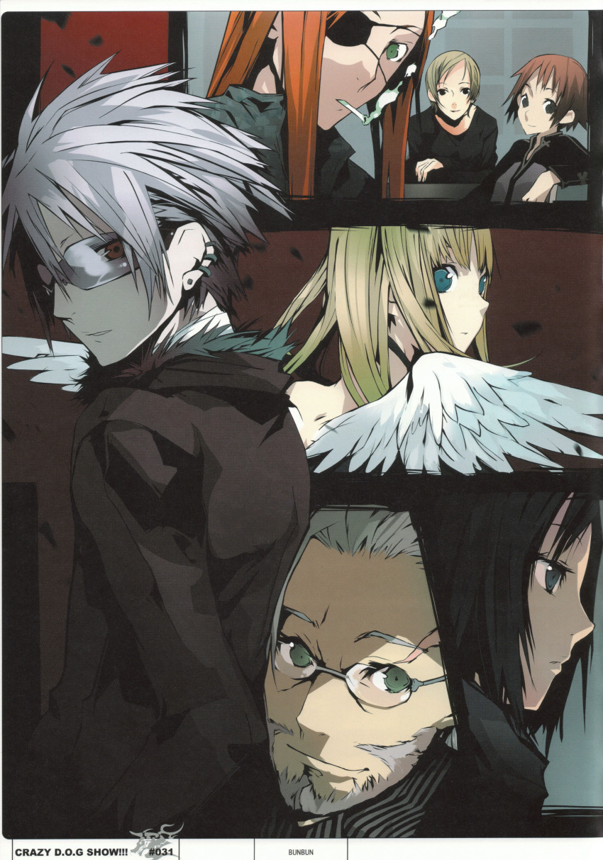 3boys 4girls absurdres badou_nails beard bunbun closed_mouth dogs:_bullets_&amp;_carnage facial_hair fuyumine_naoto glasses green_eyes haine_rammsteiner highres kiri_(character) looking_at_viewer luki mihai_mihaeroff mimi mimi_(dogs) multiple_boys multiple_girls nill noki rimless_eyewear silver_hair smile spiked_hair upper_body