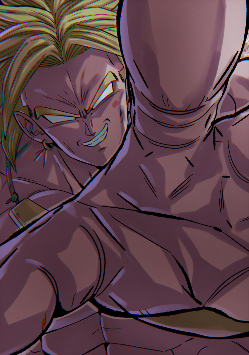 1boy abs absurdres blonde_hair broly_(dragon_ball_z) bruise bruise_on_face chiro_illust commentary_request curtained_hair dragon_ball dragonball_z earrings highres hoop_earrings injury jewelry legendary_super_saiyan looking_at_viewer male_focus muscular muscular_male no_pupils nose reaching reaching_towards_viewer ring smirk solo spiked_hair super_saiyan teeth upper_body