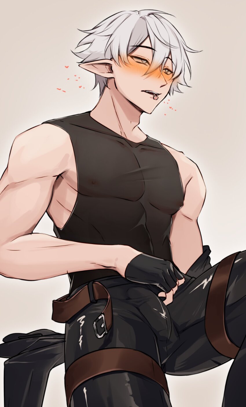 1boy 1hp_club black_gloves black_jacket black_tank_top blank_stare bulge commentary covered_penis cowboy_shot double-parted_bangs elfboiii english_commentary erection erection_under_clothes fingerless_gloves flustered gloves grey_eyes hair_between_eyes hand_on_own_stomach highres invisible_chair jacket jacket_partially_removed knee_up leg_belt male_focus muscular muscular_male obi_(1hp_club) open_mouth paid_reward_available pointy_ears short_hair sitting solo tank_top tight_clothes white_hair