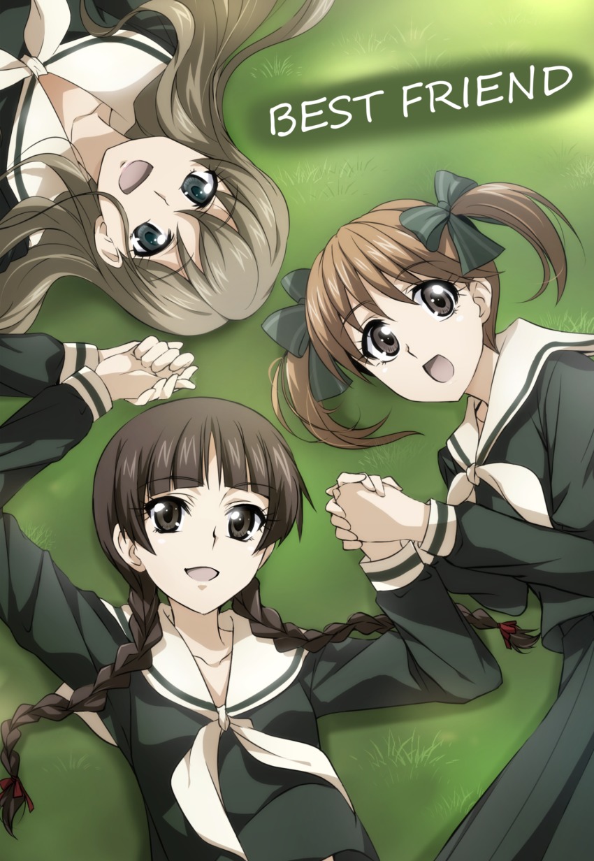3girls absurdres blue_eyes bow braid brown_eyes brown_hair circle_formation collarbone fukuzawa_yumi grass green_bow hair_bow highres holding_hands long_hair long_sleeves looking_at_viewer lying maria-sama_ga_miteru multiple_girls on_back open_mouth school_uniform serafuku shimazu_yoshino tokiani toudou_shimako twintails