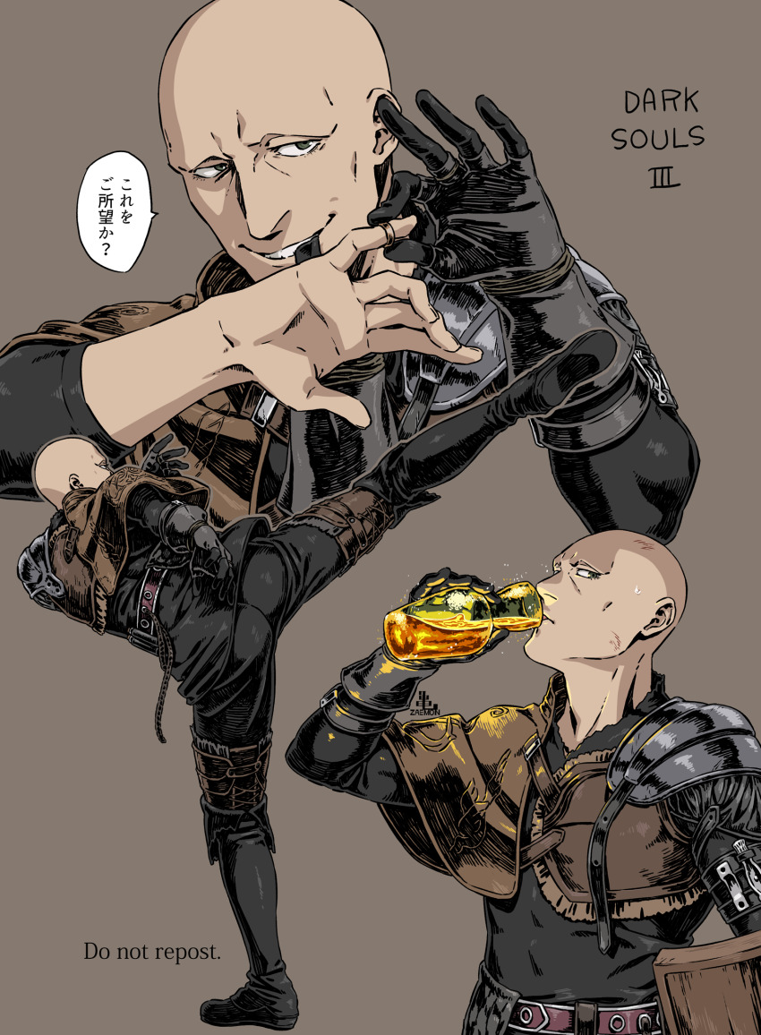 1boy armor ass bald black_footwear black_gloves black_pants boots copyright_name dark_souls_(series) dark_souls_iii estus_flask gloves grey_background grin hand_up highres holding jewelry kamezaemon kicking knee_boots leg_up male_focus multiple_views pants patches_(fromsoftware) ring shoulder_armor simple_background smile standing teeth translation_request
