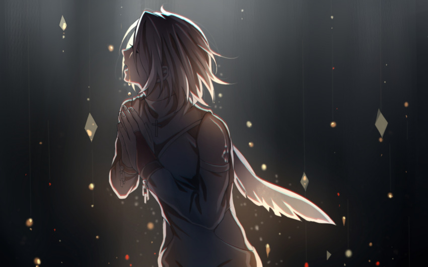 1boy black_background chain closed_eyes cross crying cuffs highres lalatia-meai open_mouth praying shackles short_hair upper_body wings yuri!!!_on_ice yuri_plisetsky