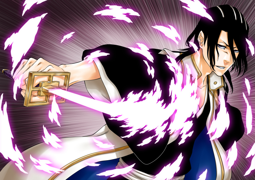 1boy black_hair black_kimono bleach bleachist commentary emphasis_lines fighting_stance foreshortening haori highres holding holding_sword holding_weapon incoming_attack japanese_clothes katana kimono kuchiki_byakuya long_hair long_sleeves looking_at_viewer male_focus mature_male nose outstretched_arm parted_lips purple_eyes senbonzakura_(shikai) serious simple_background solo straight_hair sword taichou_haori upper_body v-shaped_eyebrows weapon wide_sleeves