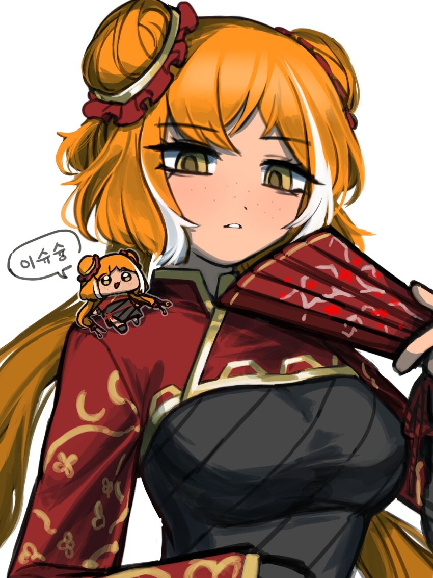 1girl black_dress breasts chinese_clothes double_bun dress family_hierarch_candidate_(identity)_(project_moon) freckles hair_bun hand_fan highres holding holding_fan ishmael_(project_moon) limbus_company long_hair looking_at_viewer multicolored_hair nra_3614 orange_hair project_moon red_shrug simple_background solo standing streaked_hair twintails upper_body very_long_hair white_background white_hair yellow_eyes