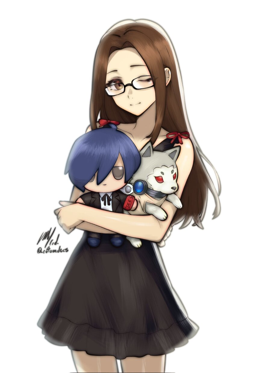 1girl alternate_costume artist_name bare_shoulders black_dress brown_eyes brown_hair character_doll closed_mouth doll dress frilled_dress frills fushimi_chihiro glasses highres holding holding_doll koromaru_(persona) long_hair looking_at_viewer loungewear one_eye_closed persona persona_3 persona_3_reload rotomdocs signature simple_background sleeveless smile solo standing stuffed_toy white_background yuuki_makoto_(persona_3)