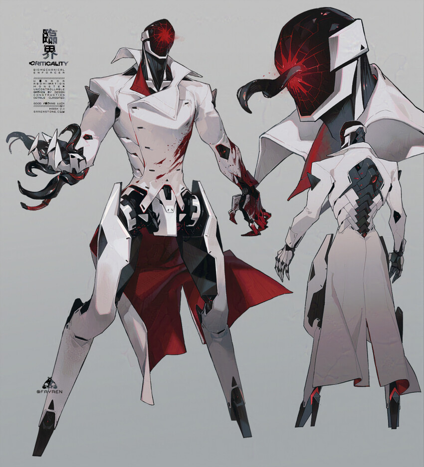 1boy blood blood_on_clothes blood_on_hands broken_glass broken_helmet coat criticality_(robots_&amp;_lace) glass helmet highres humanoid_robot poses robot robots_&amp;_lace sarah_stone simple_background white_background white_coat