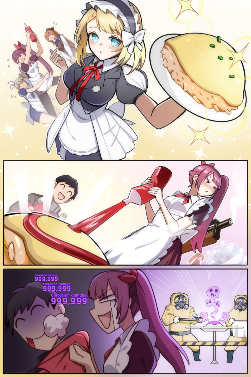 1boy 2others 3girls apron black_dress black_hair blonde_hair blue_eyes bluebeel2 bottle brown_hair bullpup centaureissi_(girls&#039;_frontline_2) commander_(girls&#039;_frontline) commentary crying dress english_commentary food g36_(girls&#039;_frontline) girls&#039;_frontline girls&#039;_frontline_2:_exilium grey_hair gun hazmat_suit highres holding holding_bottle ketchup_bottle long_hair maid maid_apron maid_headdress makiatto_(girls&#039;_frontline_2) multiple_girls multiple_others omelet omurice open_mouth puffy_short_sleeves puffy_sleeves purple_dress purple_hair rifle short_sleeves side_ponytail sniper_rifle springfield_(girls&#039;_frontline) wa2000_(girls&#039;_frontline) walther walther_wa_2000 weapon