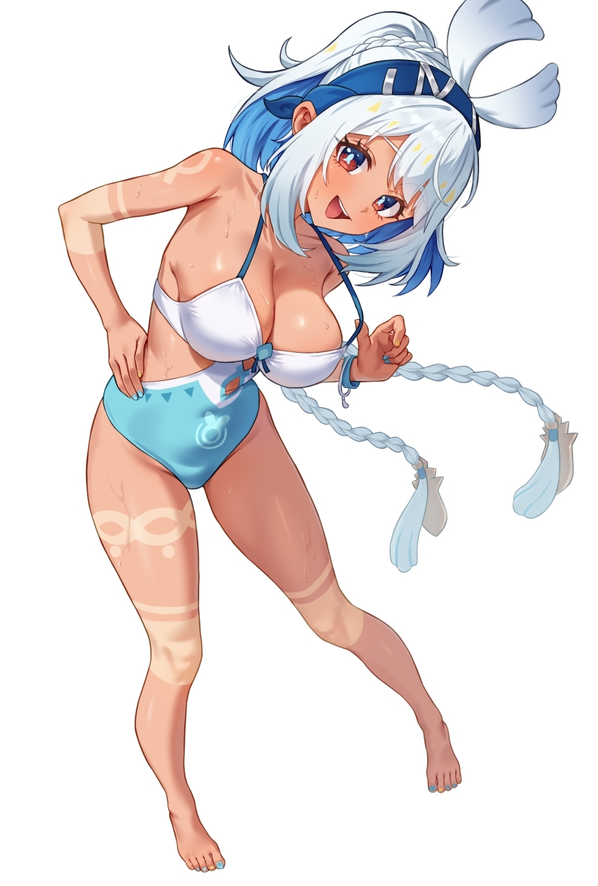 1girl barefoot blue_hair blue_hairband blue_nails blue_one-piece_swimsuit blush body_markings braid breasts chinchilla_ears chinchilla_girl cleavage clothes_pull colored_inner_hair commentary_request covered_navel fingernails fish-shaped_pupils full_body genshin_impact hairband hand_on_own_hip highres kadokadokado large_breasts leaning_to_the_side long_hair looking_at_viewer low_twin_braids mualani_(genshin_impact) mualani_(hot_springs)_(genshin_impact) multicolored_hair nail_polish official_alternate_costume one-piece_swimsuit one-piece_swimsuit_pull open_mouth orange_eyes pulling_own_clothes simple_background smile solo standing swimsuit tan tanline teeth thighs toenail_polish toenails toes twin_braids upper_teeth_only wet white_background