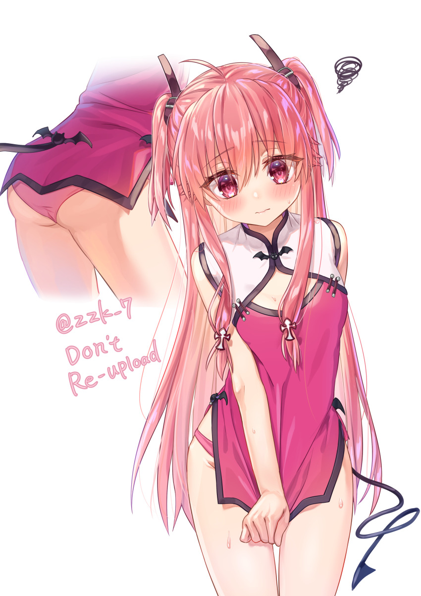 1girl absurdres ahoge alternate_costume angel_beats! ass bare_arms bat_ornament breasts china_dress chinese_clothes cleavage_cutout closed_mouth clothing_cutout commentary_request commission cowboy_shot cross-section cross_hair_ornament demon_tail dress embarrassed expressive_tail eyelashes eyes_visible_through_hair hair_between_eyes hair_censor hair_ornament highres hip_vent lips long_hair looking_down panties pink_dress pink_hair pink_panties red_eyes short_dress sidelocks simple_background skeb_commission sleeveless sleeveless_dress small_breasts solo squiggle straight_hair sweat tail tsurime twitter_username two-tone_dress two_side_up underwear very_long_hair wavy_mouth white_background white_dress yui_(angel_beats!) zuzuhashi