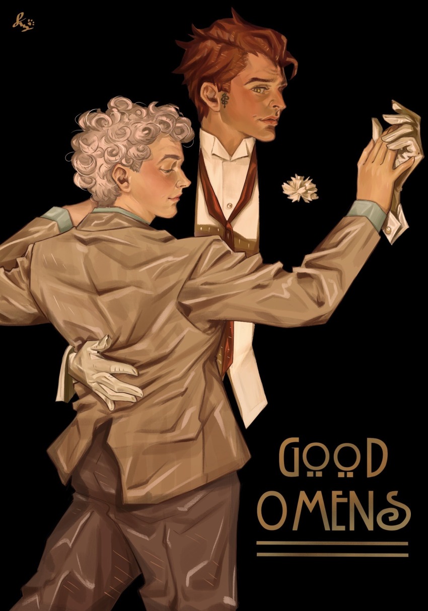 2boys angel animal_ear_tattoo art_nouveau aziraphale_(good_omens) black_background black_pants black_suit blue_shirt blush brown_pants brown_suit clip_studio_paint_(medium) closed_eyes closed_mouth collared_shirt corsage cowboy_shot crowley_(good_omens) demon_boy formal_clothes from_side gloves good_omens hand_on_another&#039;s_waist highres holding_hands j._c._leyendecker_(style) looking_at_viewer multiple_boys necktie open_suit pants red_hair red_necktie shirt short_hair slit_pupils snake_tattoo suit tattoo white_gloves white_hair white_shirt yellow_eyes