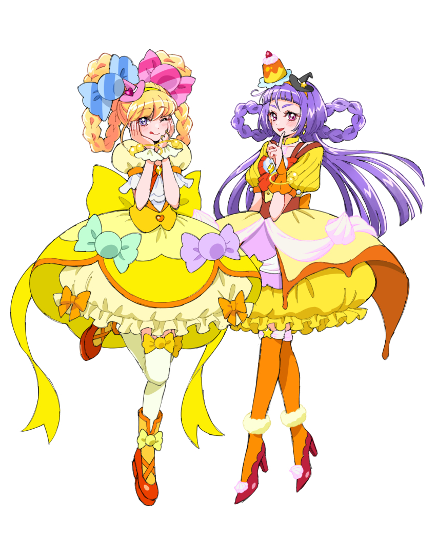 2girls ;) asahina_mirai black_hat blonde_hair blush braid closed_mouth cure_magical cure_magical_(topaz_style) cure_miracle cure_miracle_(topaz_style) dress floating_hair full_body garter_straps hairband hat high_heels highres izayoi_liko long_hair looking_at_viewer mahou_girls_precure! mini_hat multiple_girls one_eye_closed orange_hairband orange_thighhighs pink_hat precure pumps purple_eyes purple_hair red_eyes shirako_love short_sleeves simple_background smile thighhighs underbust very_long_hair white_background white_thighhighs witch_hat yellow_dress yellow_hairband zettai_ryouiki