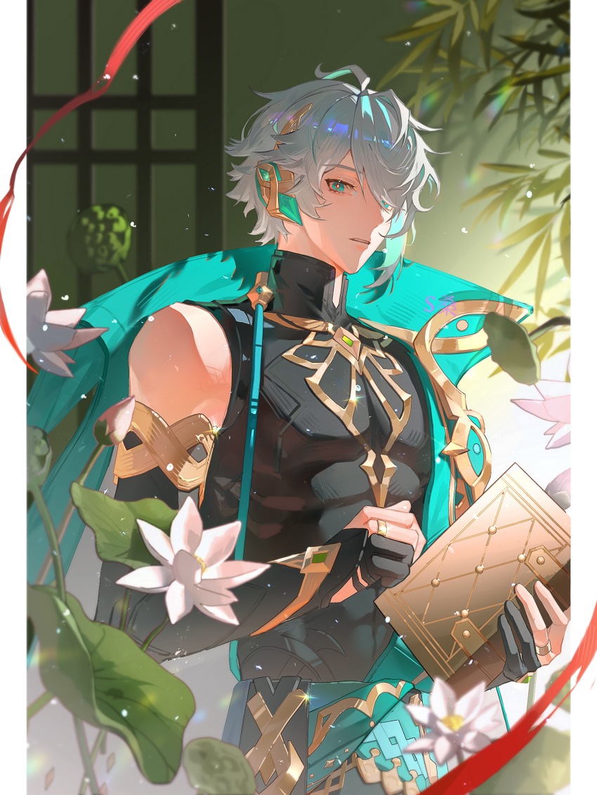 1boy absurdres alhaitham_(genshin_impact) bamboo bare_shoulders black_gloves black_shirt blurry blurry_background book compression_shirt flower genshin_impact gloves green_background green_eyes grey_hair hair_over_one_eye hands_up highres holding holding_book lattice looking_at_viewer lotus lotus_leaf lotus_pod male_focus one_eye_covered parted_lips partially_fingerless_gloves shirt short_hair sleeveless sleeveless_shirt solo ssang721 toned toned_male upper_body white_flower