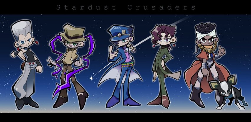 5boys black_hair blue_eyes blue_hat brown_hair brown_hat brown_pants chain cherry_earrings chibi dark-skinned_male dark_skin dog earrings flattop food-themed_earrings food_themed_earrings green_eyes green_gakuran grey_hair grey_pants hand_in_pocket hat hayutoyomimasu headband hermit_purple iggy_(jojo) jean_pierre_polnareff jewelry jojo_no_kimyou_na_bouken joseph_joestar joseph_joestar_(old) kakyoin_noriaki kuujou_joutarou letterboxed long_coat male_focus mohammed_avdol multiple_boys orange_robe pants pink_shirt plant purple_eyes red_eyes red_hair robe school_uniform shirt shooting_star sky smile stand_(jojo) star_(sky) stardust_crusaders starry_sky thorns vines white_headband