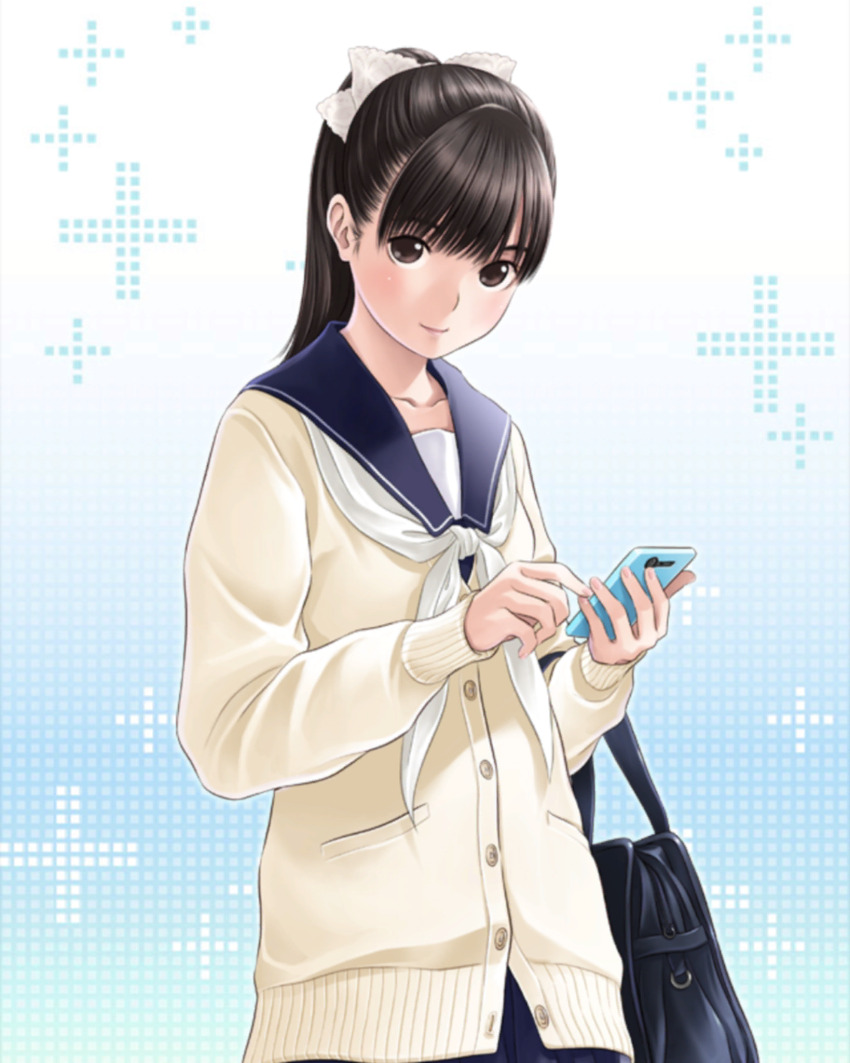 1girl bag black_hair blue_bag blue_sailor_collar blue_skirt blush bow breasts brown_eyes cardigan cellphone closed_mouth collarbone gradient_background hair_bow hands_up highres holding holding_bag holding_phone long_hair looking_at_viewer love_plus neckerchief official_art phone pleated_skirt plus_sign ponytail ribbon sailor_collar school_bag school_uniform serafuku skirt small_breasts smartphone smile solo takane_manaka upper_body white_bow winter_uniform yellow_cardigan