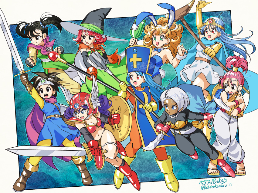 6+girls absurdres animal_ears armor betabetamaru bikini_armor blue_leotard bodystocking bow bowtie breasts cape cleavage dagger detached_collar dragon_quest dragon_quest_iii fake_animal_ears fake_tail martial_artist_(dq3) habit hat helmet heroine_(dq3) highres holding holding_dagger holding_knife holding_mace holding_sack holding_shield holding_staff holding_weapon gadabout_(dq3) knife large_breasts leotard mace mage_(dq3) mage_staff merchant_(dq3) multiple_girls open_mouth playboy_bunny priest_(dq3) rabbit_ears rabbit_tail sack sage_(dq3) shield warrior_(dq3) staff strapless strapless_leotard sword tail thief_(dq3) twintails vest weapon winged_helmet witch_hat