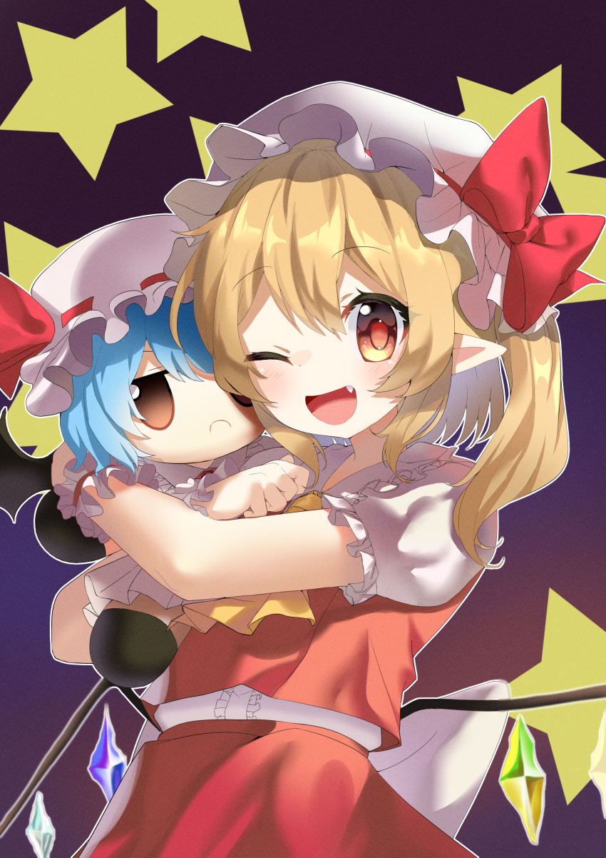 1girl ;d absurdres ascot back_bow bat_wings blonde_hair blue_hair bow brown_eyes center_frills character_doll closed_mouth collared_shirt crystal doll fang flandre_scarlet frilled_shirt_collar frilled_sleeves frills gradient_background happy hat hat_bow hat_ribbon highres holding holding_doll hxj_(2324184595) large_bow looking_at_viewer medium_hair mob_cap multicolored_wings one_eye_closed one_side_up open_mouth pink_hat pointy_ears puffy_short_sleeves puffy_sleeves purple_background red_bow red_eyes red_ribbon red_skirt red_vest remilia_scarlet ribbon ribbon-trimmed_headwear ribbon_trim shirt short_sleeves simple_background skirt smile solo star_(symbol) touhou vest white_bow white_hat white_shirt wings wrist_cuffs yellow_ascot