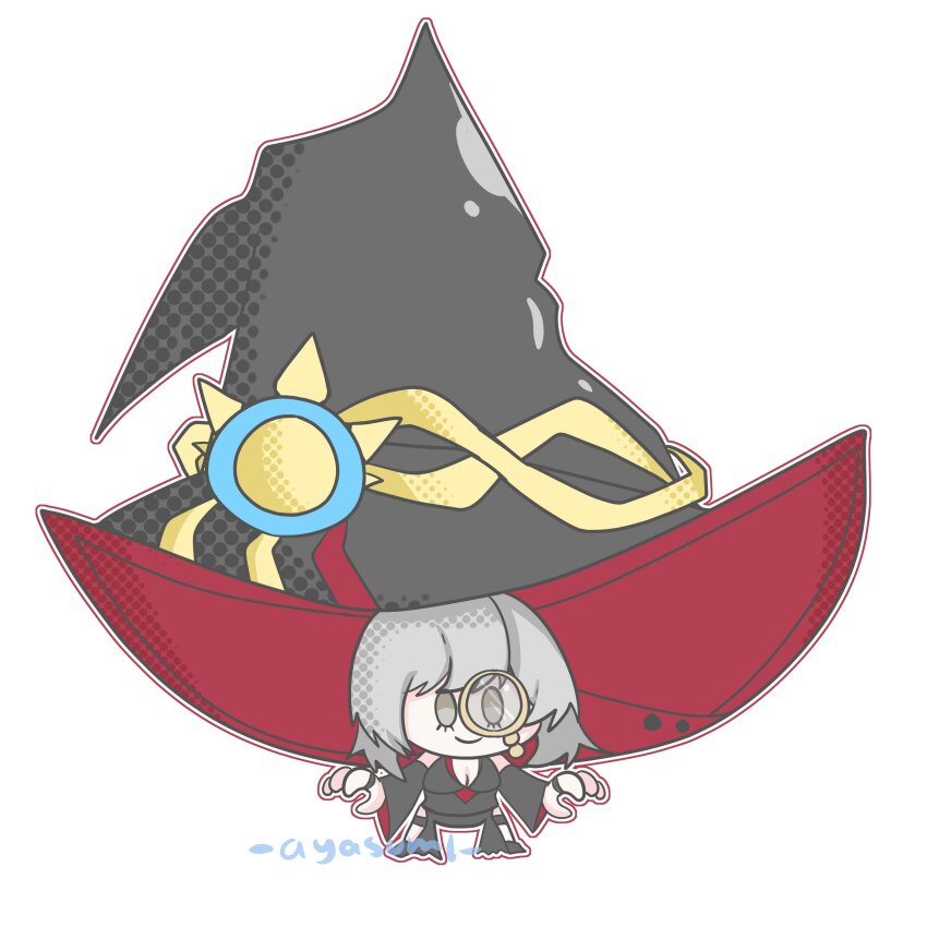 1girl absurdres artist_name ayasumi_(ayaslayer416) breasts chibi cleavage diabellstar_the_black_witch duel_monster grey_eyes grey_hair highres large_hat meme monocle official_alternate_costume smile standing white_background yu-gi-oh! yu-gi-oh!_master_duel