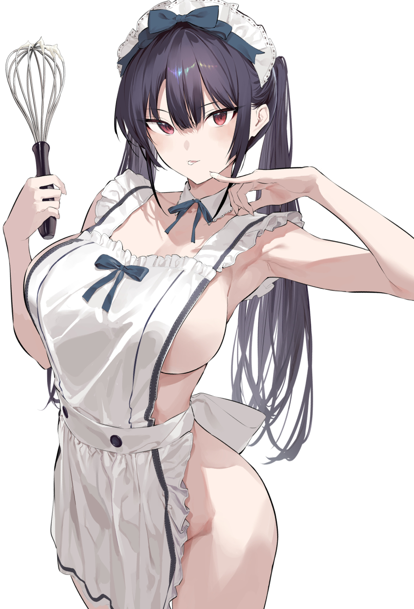 1girl apron black_hair blue_ribbon breasts collar cream detached_collar haite_kudasai_takamine-san highres hiiragi_yuuichi holding holding_whisk large_breasts long_hair naked_apron neck_ribbon red_eyes ribbon shadow solo takamine_takane tongue tongue_out twintails whisk white_apron white_collar