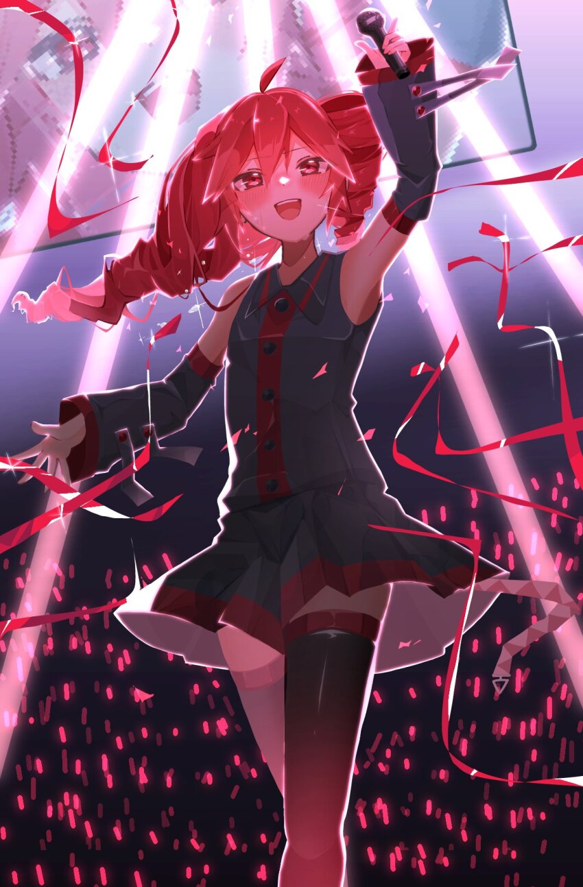 1girl :d ahoge alternate_hairstyle arm_up armpits bare_shoulders black_skirt black_sleeves black_thighhighs blush buttons collared_shirt concert crossed_legs detached_sleeves double-parted_bangs dress drill_hair feet_out_of_frame fingernails glowstick hair_between_eyes highres holding holding_microphone kasane_teto kasane_teto_(utau) looking_at_viewer microphone miniskirt open_mouth outstretched_arm pink_nails red_eyes red_hair screen_zoom shirt skirt sleeveless sleeveless_dress smile solo_focus stream streamers teeth thighhighs tongue tu_gumi twin_drills upper_teeth_only utau watson_cross wing_collar zettai_ryouiki