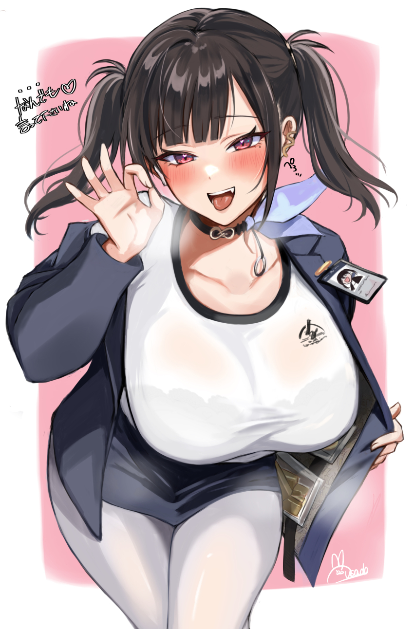 1girl absurdres asymmetrical_bangs black_bra black_choker black_hair black_jacket black_skirt blunt_bangs bra bra_visible_through_clothes breasts choker collarbone fang fellatio_gesture goddess_of_victory:_nikke highres id_card jacket large_breasts long_hair long_sleeves looking_at_viewer miniskirt open_clothes open_mouth oral_invitation pantyhose pencil_skirt red_eyes shirt simple_background skirt smile sora_(nikke) teeth tongue tongue_out twintails underwear upper_teeth_only usada_mimiz white_background white_pantyhose white_shirt wireless_earphones