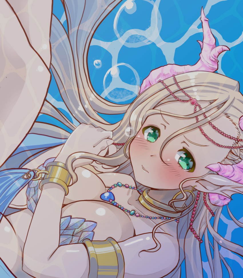 1girl air_bubble bare_shoulders bracelet breasts brown_hair bubble cleavage collar green_eyes hair_ornament highres horns hozumi_kei iris_mysteria! jewelry large_breasts long_hair necklace piercing underwater will_(iris_mysteria!)