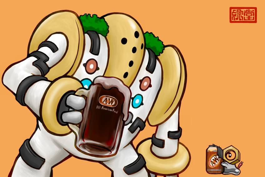 a&amp;w absurdres blue_eyes can cup drink_can edou_meo gen_4_pokemon gen_7_pokemon glass green_eyes highres holding holding_cup legendary_pokemon meltan moss multiple_others mythical_pokemon nintendo no_humans nut_(hardware) orange_background pokemon red_eyes regigigas root_beer soda_can wire