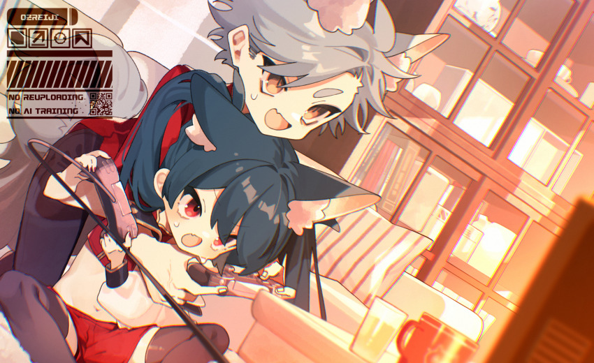 1boy 1girl animal_ear_fluff animal_ears black_hair black_thighhighs chromatic_aberration commentary controller fang film_grain game_controller grey_hair highres holding holding_controller holding_game_controller indoors long_hair navel open_mouth original ozureiji playing_games red_eyes red_shorts shorts skin_fang slit_pupils smile symbol-only_commentary thick_eyebrows thighhighs tsurime twintails v-shaped_eyebrows watermark