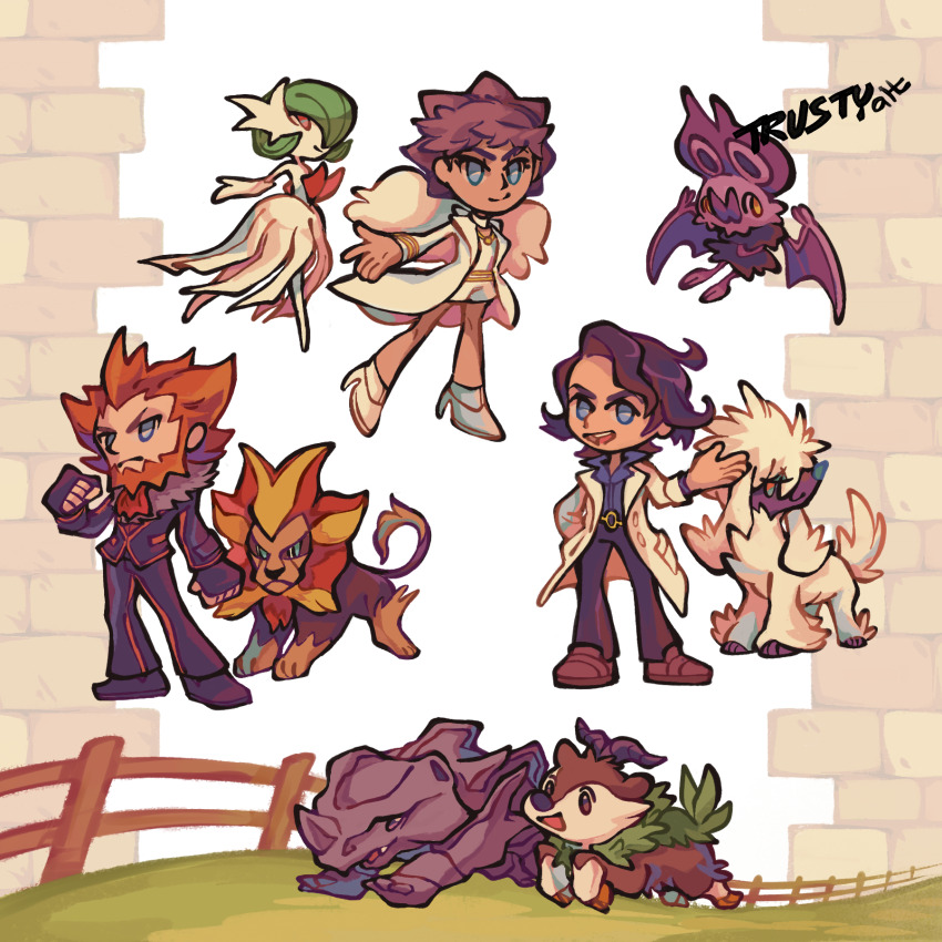 2boys 2girls artist_name augustine_sycamore black_gloves blue_eyes brown_hair colored_skin diantha_(pokemon) dress fence fingerless_gloves furfrou gardevoir gen_1_pokemon gen_3_pokemon gen_6_pokemon gloves grass green_hair highres jacket lysandre_(pokemon) mega_gardevoir mega_pokemon multiple_boys multiple_girls nintendo noibat orange_hair pants pink_eyes pokemon pokemon_(creature) pokemon_xy purple_skin pyroar pyroar_(male) rhyhorn shoes skiddo trustyalt white_dress white_fur white_jacket white_shoes white_skin wooden_fence