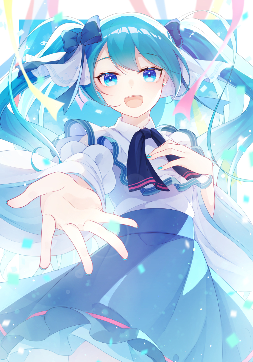 1girl absurdres aqua_eyes aqua_hair aqua_nails aqua_skirt aqua_trim bow collared_shirt commentary_request hair_between_eyes hair_bow hair_ornament hand_on_own_chest hatsune_miku highres long_hair long_sleeves looking_at_viewer open_mouth reaching reaching_towards_viewer shinketsu_kanyu shirt skirt smile solo twintails very_long_hair vocaloid white_shirt
