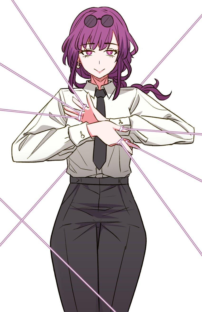 1girl black_necktie black_pants chainsaw_man commentary cosplay cowboy_shot earrings eyewear_on_head glasses high-waist_pants highres honkai:_star_rail honkai_(series) jewelry kafka_(honkai:_star_rail) makima_(chainsaw_man) makima_(chainsaw_man)_(cosplay) mii_rza necktie pants pince-nez ponytail purple_eyes purple_hair round_eyewear shirt solo white_shirt