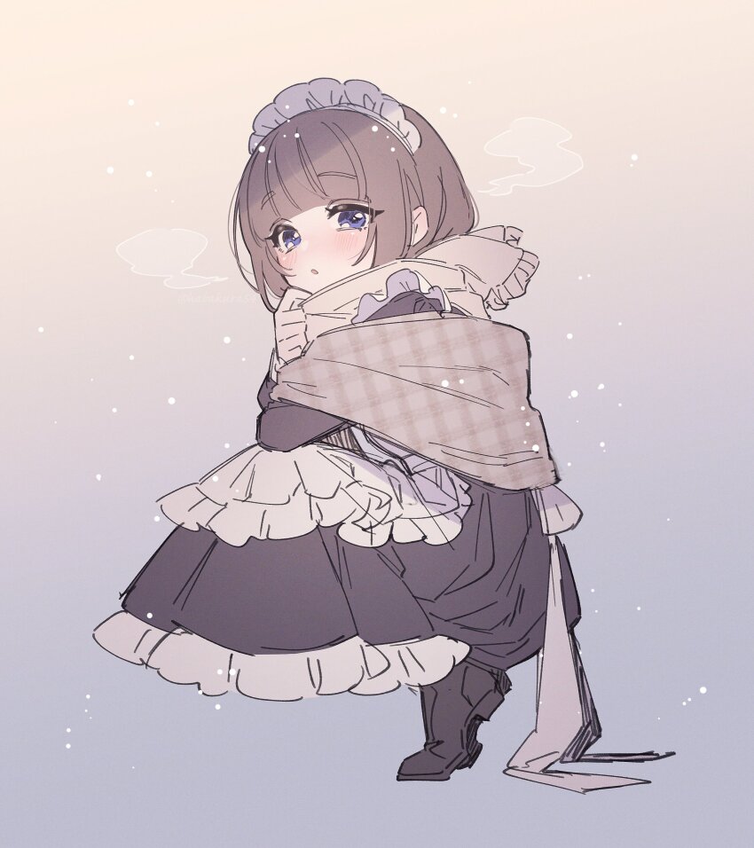 1girl absurdres apron black_dress black_shoes blush brown_hair commentary_request dress frilled_dress frills full_body gingham goshi-san gradient_background highres looking_at_viewer maid maid_headdress original purple_eyes scarf shoes solo squatting white_apron