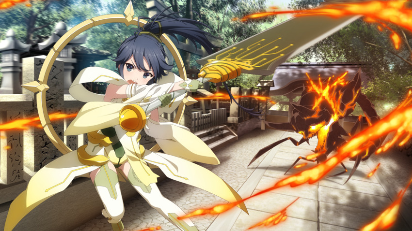 1girl aratama_(toji_no_miko) black_hair blue_eyes blurry blurry_background cosplay game_cg holding holding_sword holding_weapon huge_weapon inubouzaki_fuu inubouzaki_fuu_(cosplay) long_hair magical_girl official_art open_mouth outdoors ponytail solo sword toji_no_miko toji_no_miko:_kizamishi_issen_no_tomoshibi v-shaped_eyebrows weapon yamashiro_yui yuuki_yuuna_wa_yuusha_de_aru yuusha_de_aru