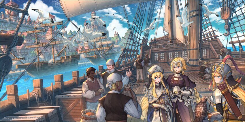 3girls 6+boys alternate_costume arm_armor armor armored_dress arrow_(projectile) bird blonde_hair blue_dress blue_eyes blue_sky box breasts city cloud cloudy_sky commission crossover dark-skinned_male dark_skin darkness_(konosuba) dress fate/apocrypha fate_(series) gauntlets goblin_slayer! hat helmet highres jeanne_d&#039;arc_(fate) kono_subarashii_sekai_ni_shukufuku_wo! large_breasts long_braid long_hair mast mixed-language_commentary multiple_boys multiple_girls nagi_itsuki open_mouth pelican people priestess_(goblin_slayer!) purple_eyes quiver rope sail sailing_ship scenery ship skeb_commission sky too_many too_many_birds watercraft white_bird white_hat