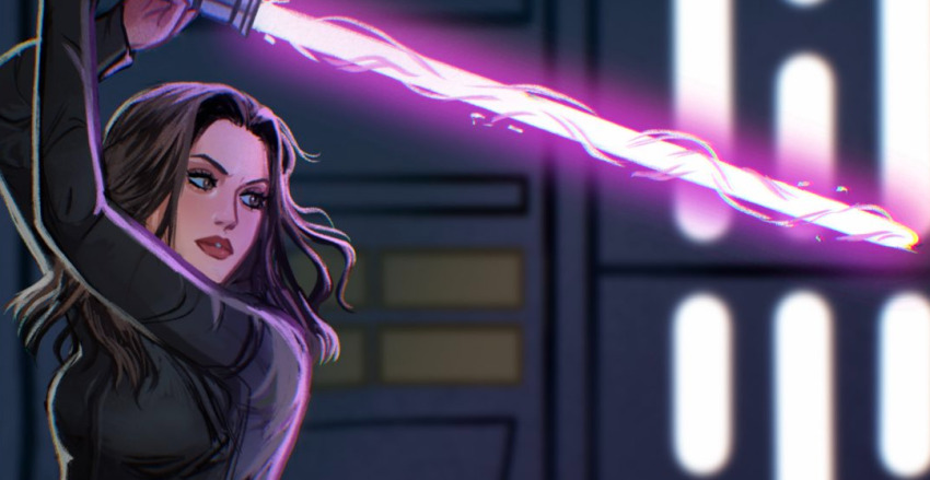 1girl black_shirt brown_eyes brown_hair energy_sword holding holding_sword holding_weapon jaina_solo kylorensoto lightsaber purple_lightsaber shirt solo star_wars sword weapon