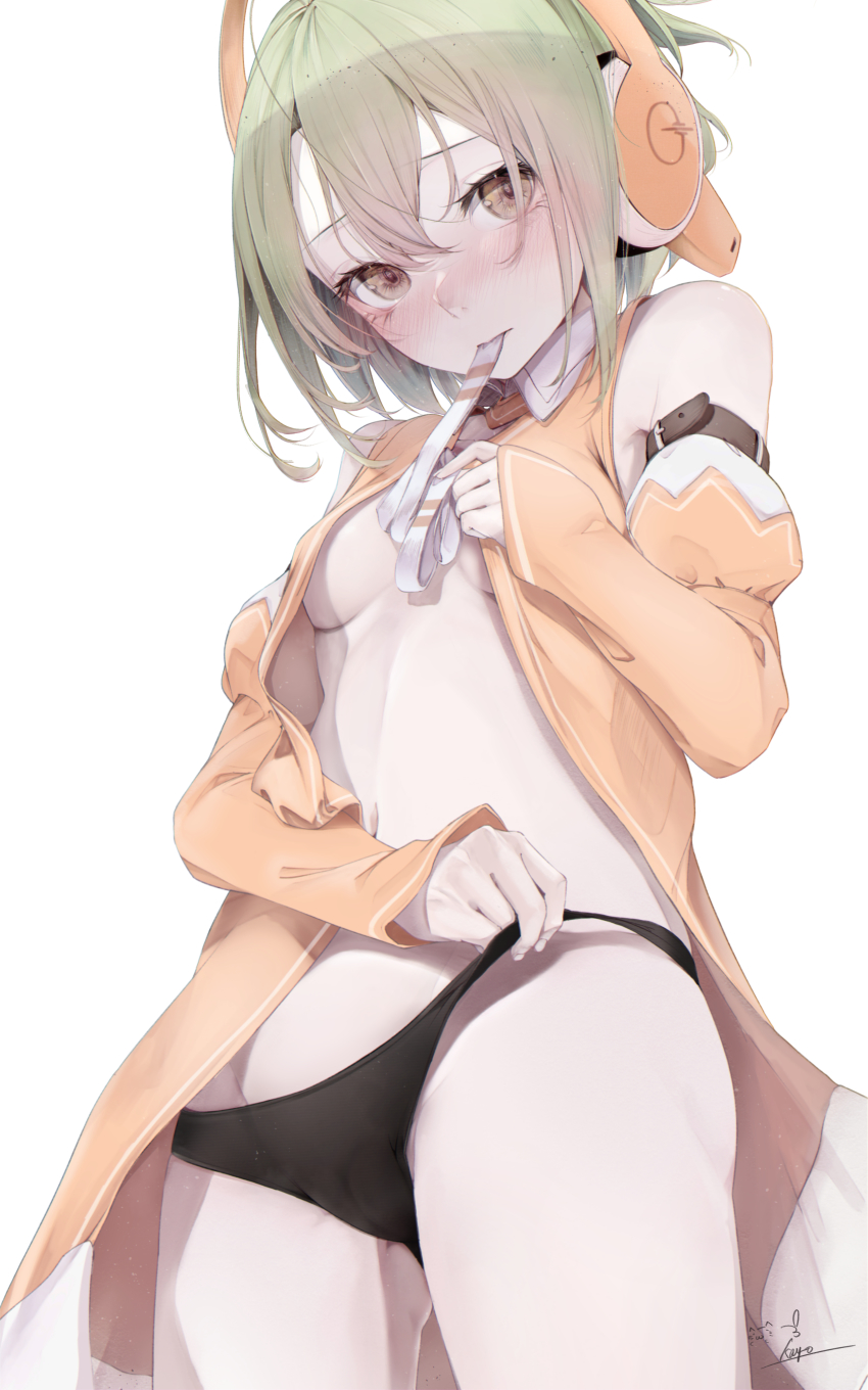 1girl absurdres blush breasts brown_eyes cameltoe chunithm cowboy_shot detached_sleeves green_hair groin hair_between_eyes hair_over_one_eye headphones highres kisaragi_yaya looking_at_viewer mouth_hold navel open_clothes open_shirt panties ribbon short_hair signature sky_feather_(chunithm) small_breasts solo stomach underboob underwear
