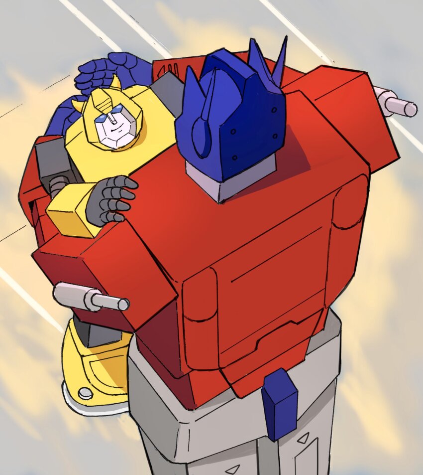 autobot back blue_eyes cowboy_shot decepticon from_above height_difference highres horns hug komagoma looking_at_another mecha mecha_focus no_humans robot science_fiction smile transformers