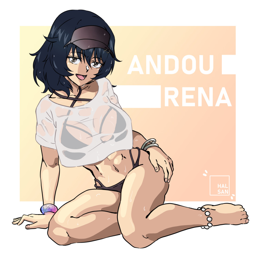1girl absurdres andou_(girls_und_panzer) bikini black_bikini black_hair breasts brown_eyes character_name girls_und_panzer hal_san highres large_breasts looking_at_viewer navel open_mouth short_hair simple_background solo swimsuit