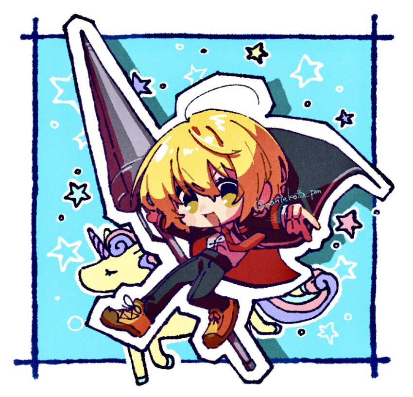 1girl black_coat black_pants blonde_hair blue_background border brown_shoes coat collared_shirt deformed don_quixote_(project_moon) full_body highres holding holding_polearm holding_weapon limbus_company long_sleeves looking_at_viewer nantekottawo!! necktie open_mouth pants polearm project_moon red_necktie shirt shoes short_hair simple_background solo standing star_(symbol) unicorn weapon white_background white_border white_shirt yellow_eyes