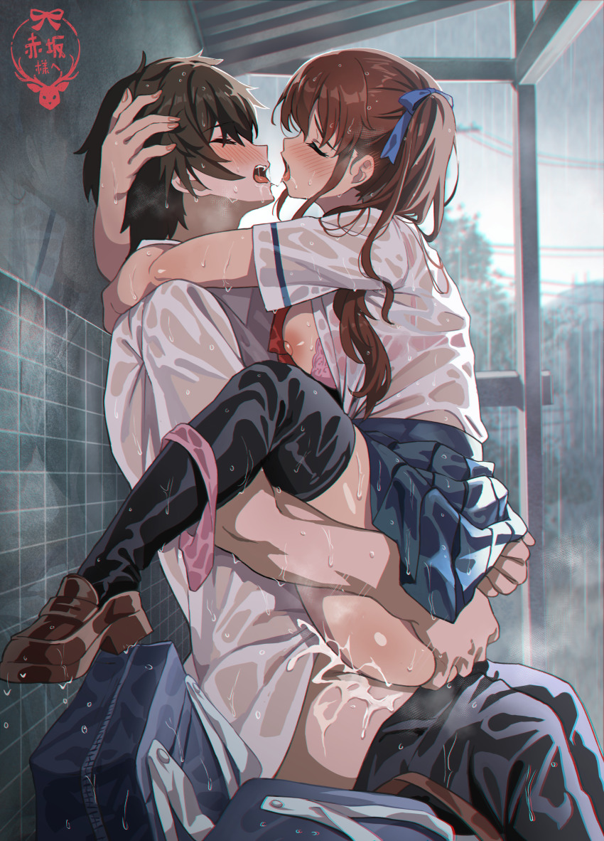 1boy 1girl absurdres akazawa_izumi another black_hair black_thighhighs breasts brown_hair brown_shoes censored clothed_sex commentary_request elocca grey_sky hetero highres large_breasts loafers mosaic_censoring outdoors penis rain sakakibara_kouichi school_uniform sex shirt shoes short_hair sky suspended_congress thighhighs wet wet_clothes wet_shirt white_shirt
