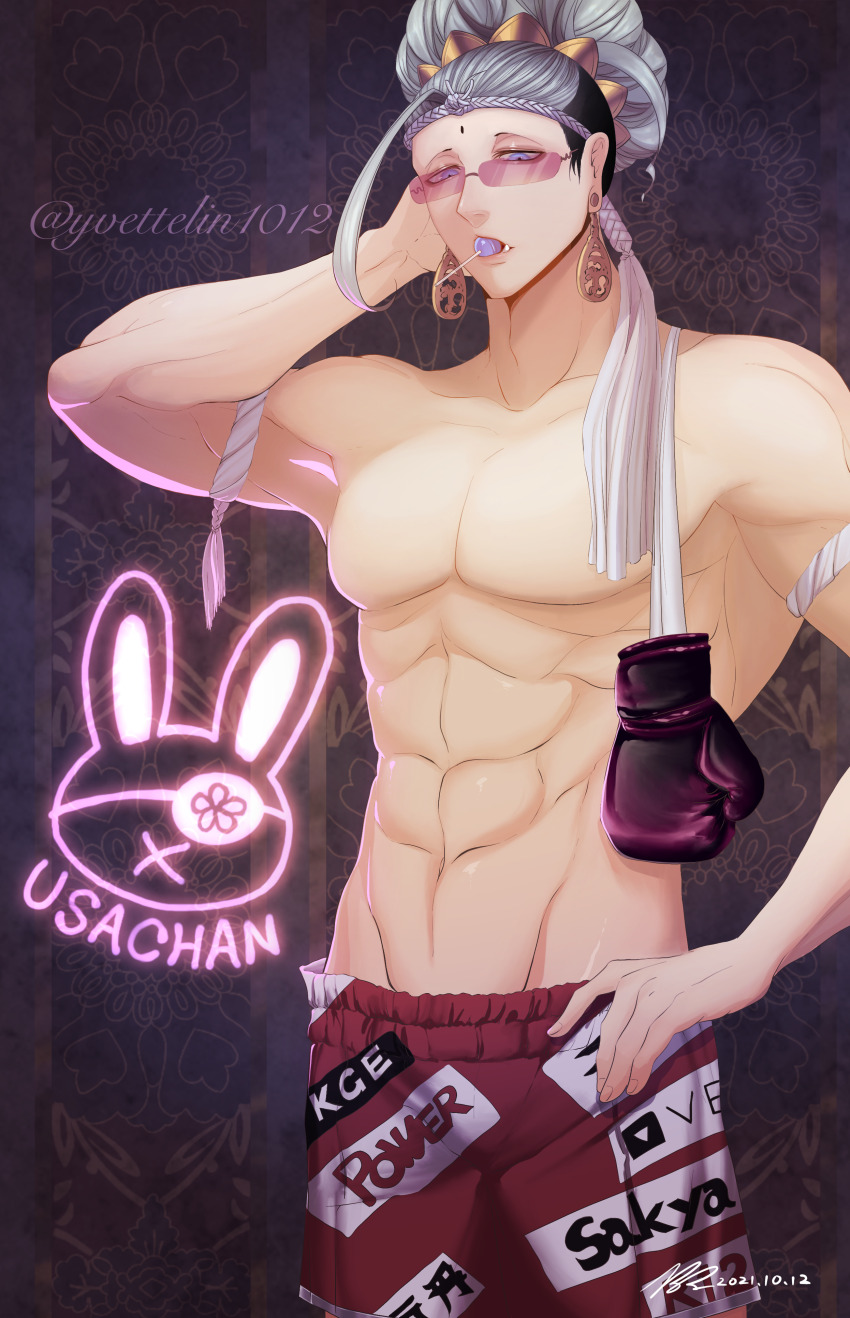 1boy absurdres armband bindi black_hair blue_eyes boxing_gloves buddha_(shuumatsu_no_valkyrie) collarbone cowboy_shot crown crown_hair_ornament crown_ornament ear_piercing earrings facial_mark fang forehead_mark gold_crown gold_earrings green_hair hair_bun hand_on_own_hip hand_up headband highres jewelry long_hair loose_hair_strand lower_teeth_only male_focus multicolored_hair muscular muscular_male open_mouth pectorals piercing rabbit_symbol red_shorts shirtless_male shorts shuumatsu_no_valkyrie solo teeth toned toned_male topless_female topless_male