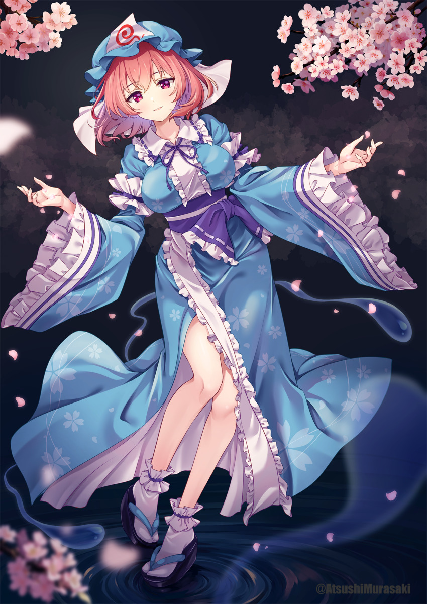 1girl blue_kimono blush breasts cherry_blossoms frilled_kimono frills hat highres japanese_clothes kimono large_breasts long_sleeves mob_cap murasaki_atsushi pink_eyes pink_hair saigyouji_yuyuko short_hair sleeve_garter solo touhou triangular_headpiece