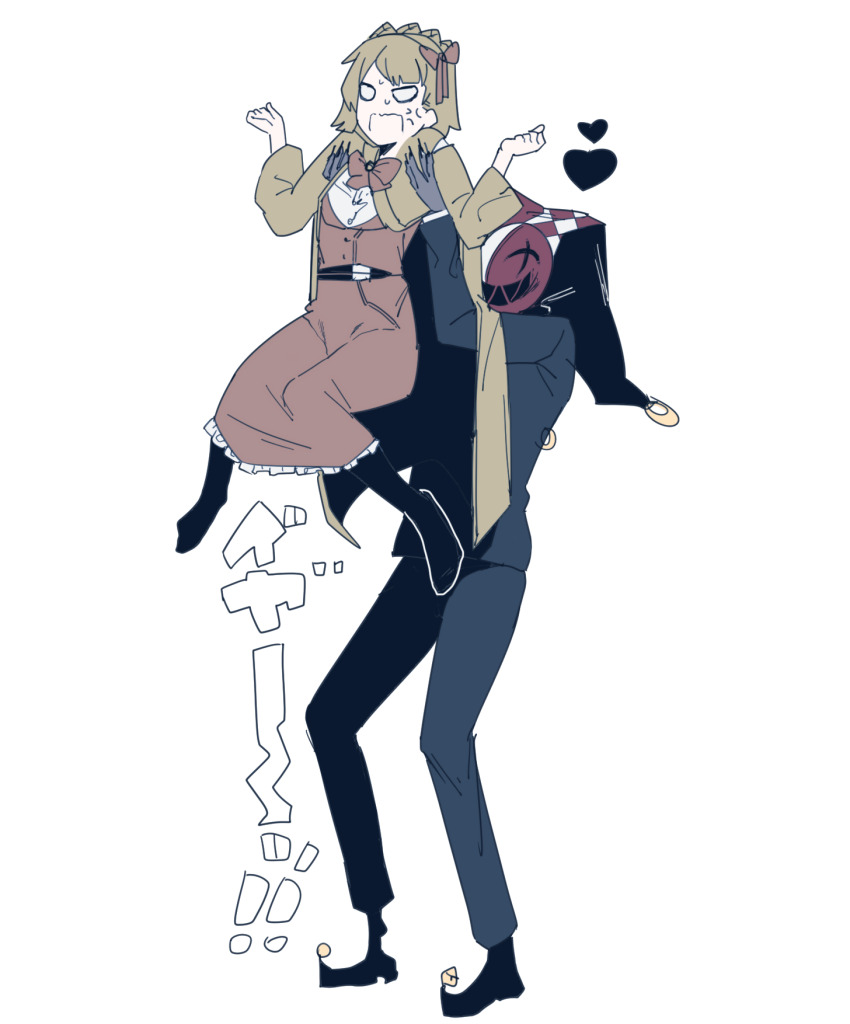 1boy 1girl arms_up black_jacket black_pants blonde_hair bow bowtie braid coat crown_braid dress hat highres jacket jester_cap library_of_ruina lifting_person madotsuki_ren mask medium_hair orange_bow orange_bowtie orange_dress oswald_(project_moon) pants project_moon simple_background tiphereth_a_(project_moon) white_background yellow_coat