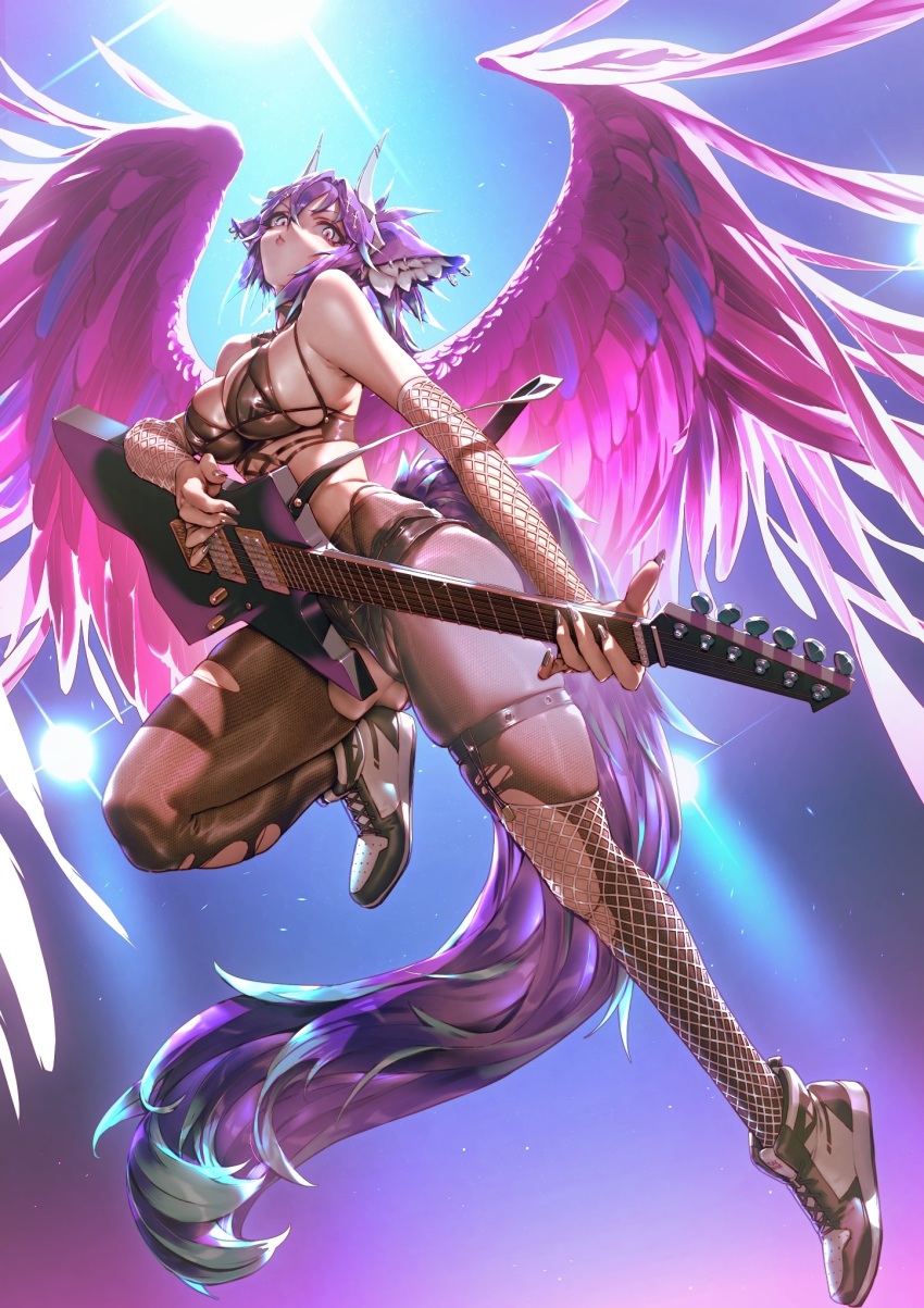 1girl asymmetrical_legwear fishnet_thighhighs fishnets guitar harness highres instrument kionaoki long_hair mismatched_legwear original purple_hair solo thigh_strap thighhighs very_long_hair wings