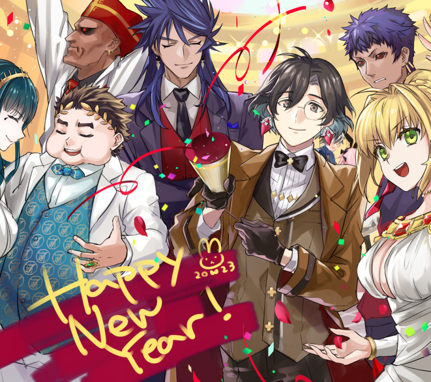 2023 2girls 6+boys :d animal_ears arms_up astolfo_(fate) astolfo_(saber)_(fate) black_bow black_bowtie black_gloves black_hair black_jacket black_necktie black_pants black_sclera black_shirt blonde_hair blue_bow blue_bowtie blue_hair blue_vest bow bowtie braid braided_bun breasts brown_coat brown_vest caligula_(fate) charlemagne_(fate) cleavage cleopatra_(fate) closed_eyes closed_mouth coat collared_shirt colored_sclera confetti constantine_xi_(fate) cowboy_shot cross cross_necklace crossed_arms dark-skinned_male dark_blue_hair dark_skin dress earrings fake_animal_ears falling_petals fate/grand_order fate_(series) formal_clothes gaius_julius_caesar_(fate) gloves green_eyes grey_eyes hair_between_eyes hair_bun hair_intakes hair_slicked_back hairband happy_new_year hat heki0529 holding indoors jacket jewelry lapels laurel_crown long_hair long_sleeves looking_at_viewer male_focus monocle multicolored_hair multiple_boys multiple_girls necklace necktie nero_claudius_(fate) nero_claudius_(formal_dress)_(fate) new_year notched_lapels official_alternate_costume open_clothes open_coat open_mouth pants party_popper patterned_clothing petals pink_hair profile purple_hair rabbit_ears red_eyes red_headwear red_necktie red_vest ring romulus_(fate) romulus_(formal_dress)_(fate) romulus_quirinus_(fate) shirt short_bangs short_hair single_hair_bun smile spiked_hair streaked_hair streamers suit suit_jacket teeth upper_body upper_teeth_only v-shaped_eyebrows vest white_dress white_hair white_jacket white_pants white_suit